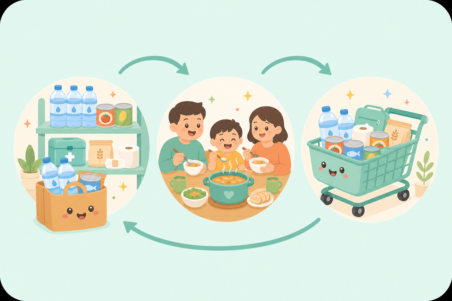 備える・食べる・買い足すのサイクルを表したイラスト